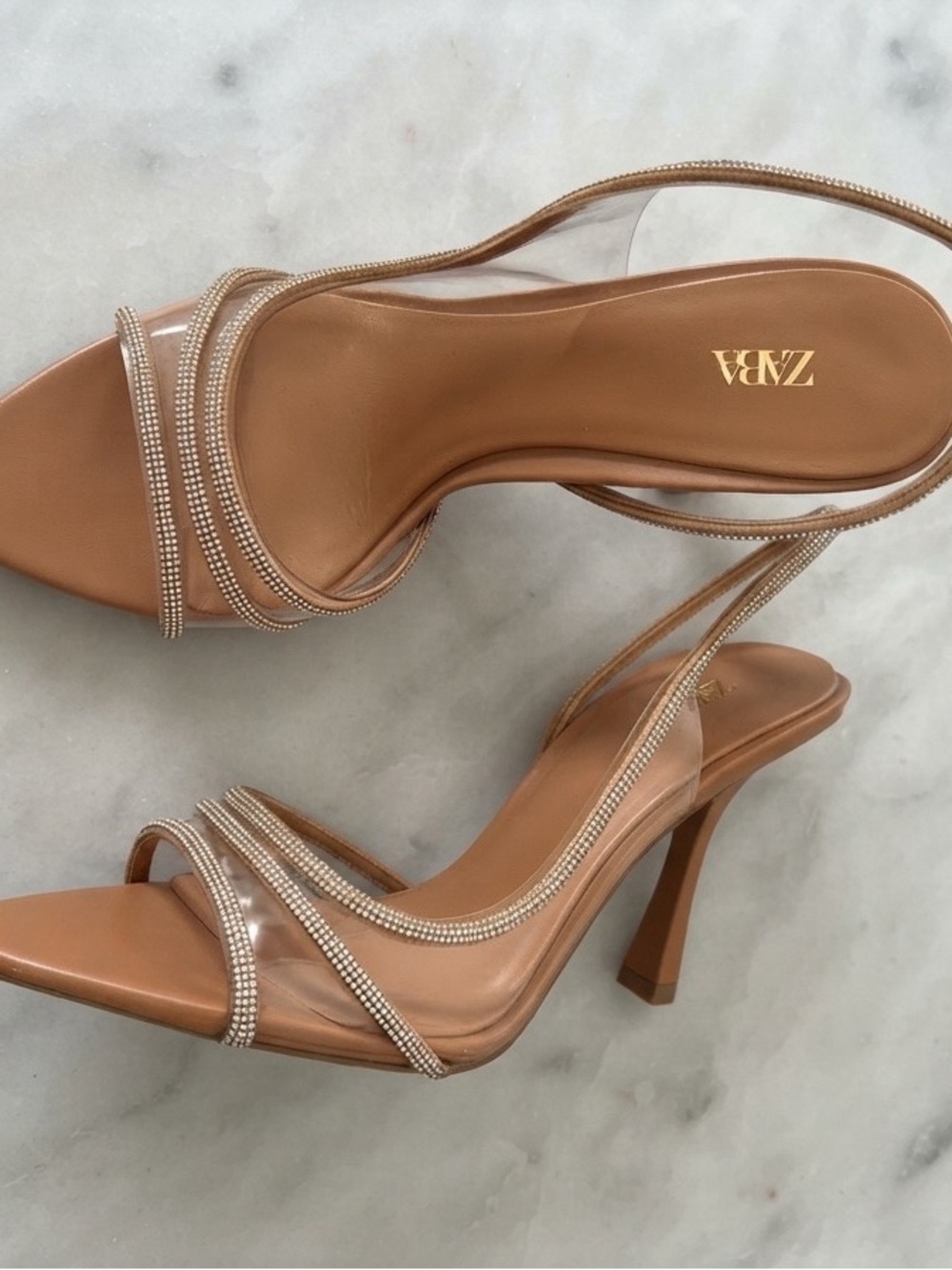 ZARA Tan Nude Rhinestone-Trim Clear Strap High Heels